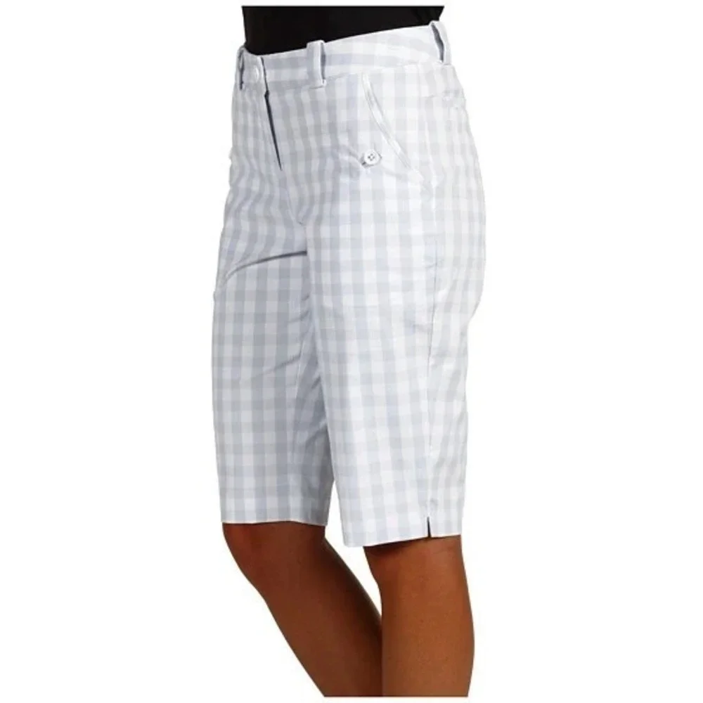 Nike Golf Tour Performance gingham plaid shorts Womens Size 4 White Light Blue